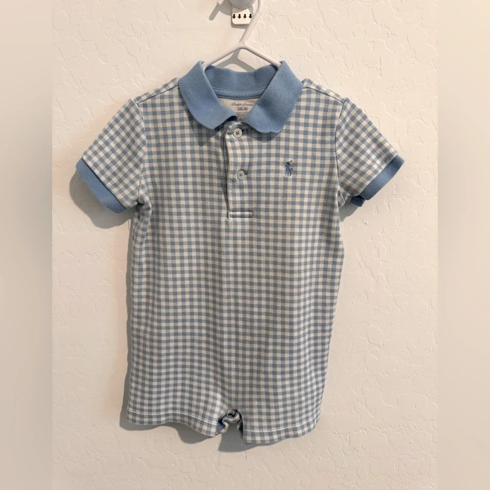 Ralph Lauren Toddler Checkered  Polo Shortalls  One Piece Collared Size 18M